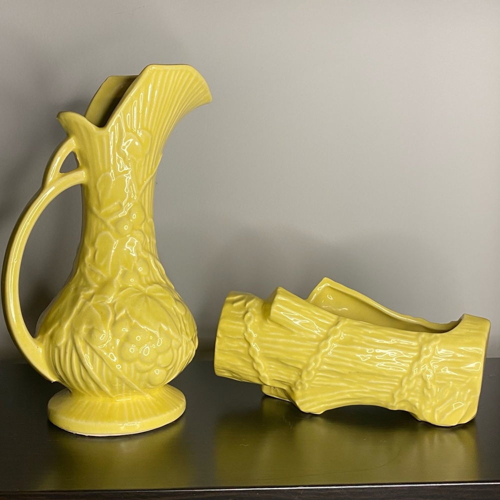 2 Piece Lot McCoy YELLOW pottery - Grape Pitcher Vase & Log Planter